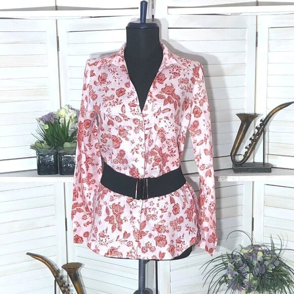 Zara Red Roses Floral Linen Shirt Light Pink XS - Picture 2 of 10